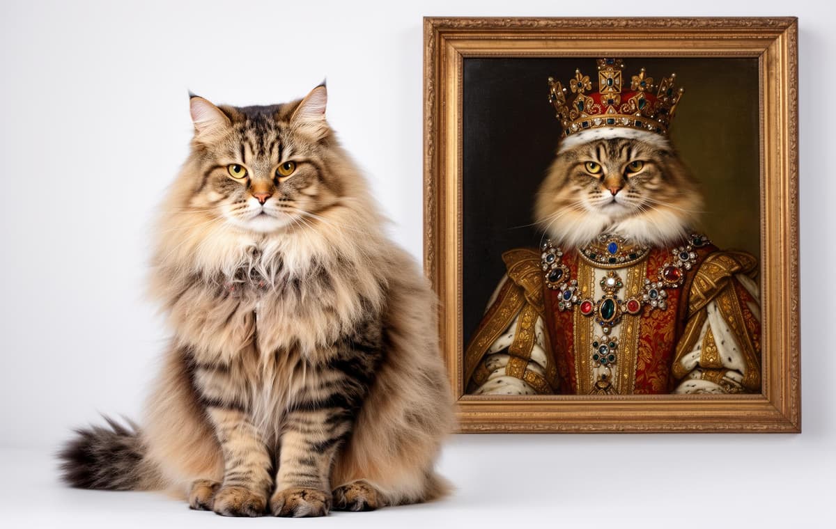Chat devant son portrait royal encadré en costume de roi